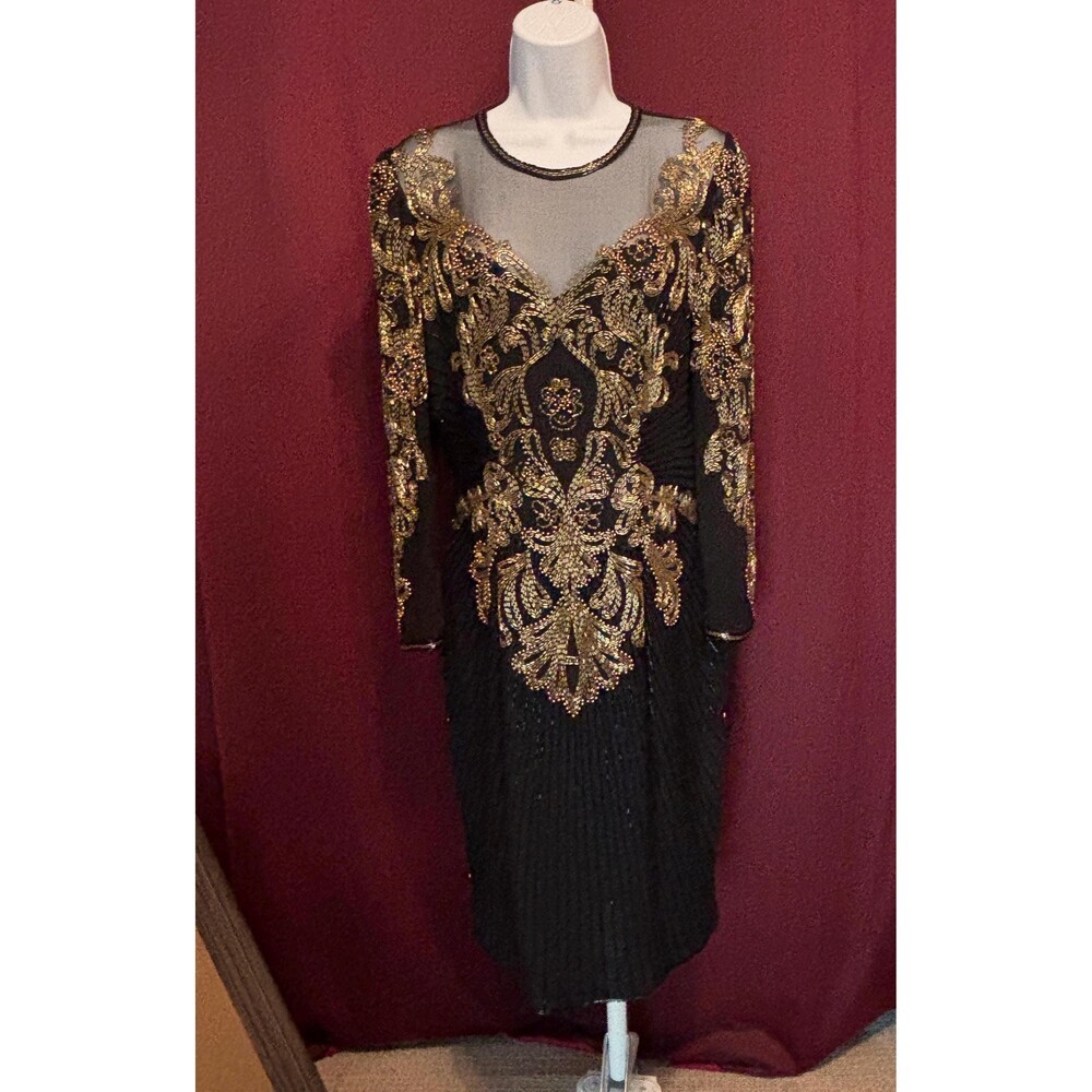 AJ Bari Silk Sequin Black and Gold Evening Dress Size 8 Petite